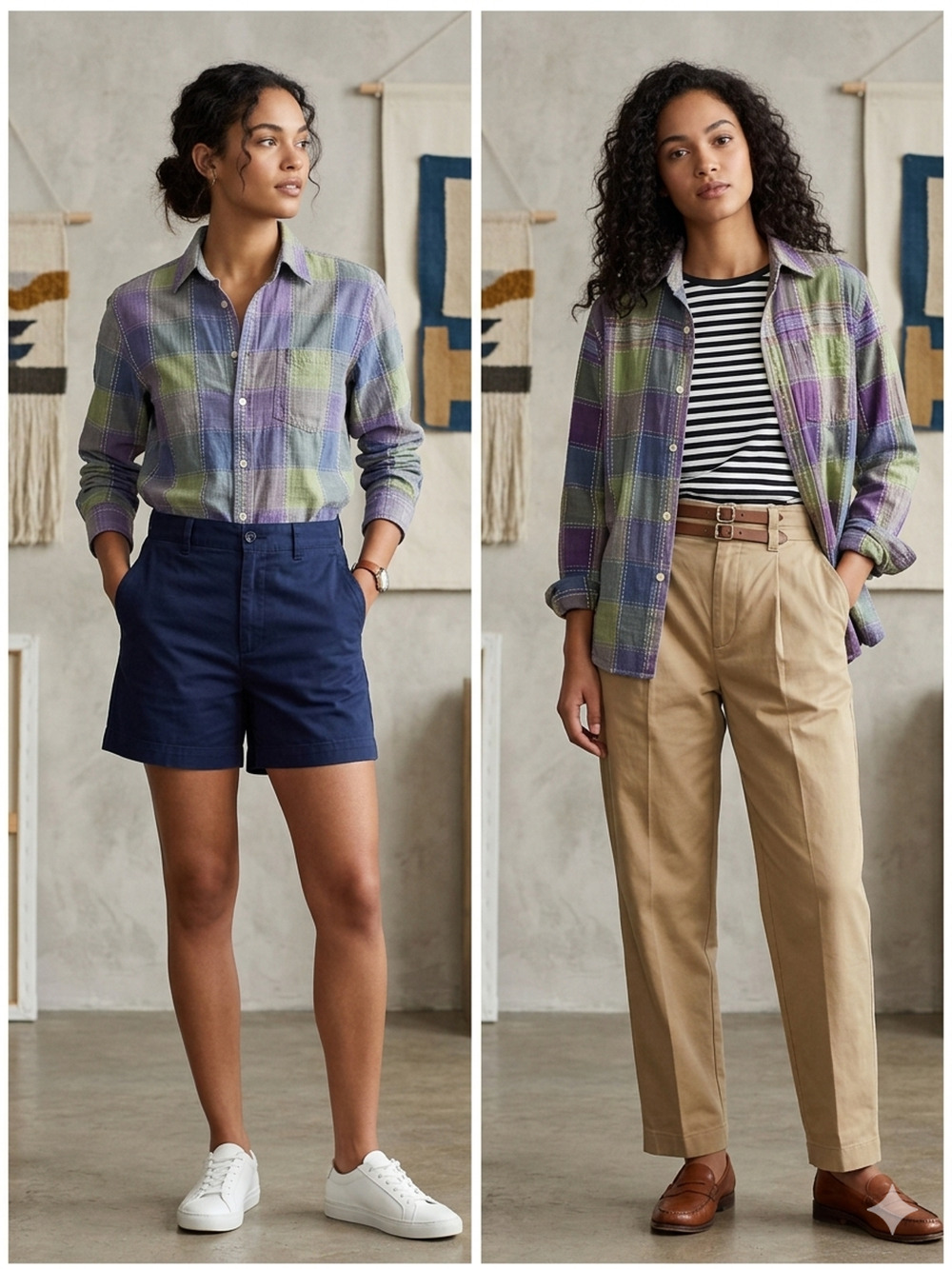 LEMON GRASS Womens M Multicolor Pastel Plaid Kathan embroidered Button Up Shirt